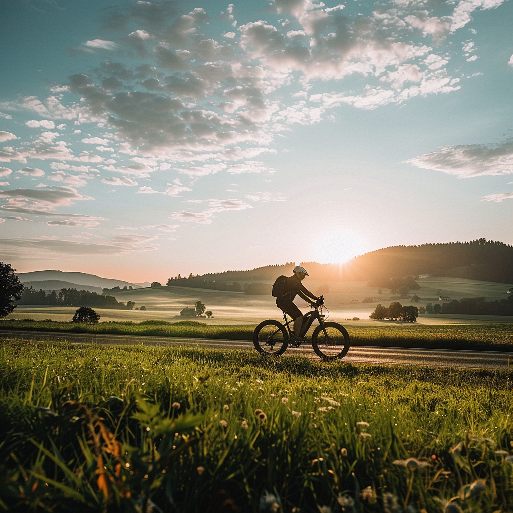 Dette billede viser en mand på cykelferie. Han cykler på en mountainbike gennem et bakket landskab med en lav sol.